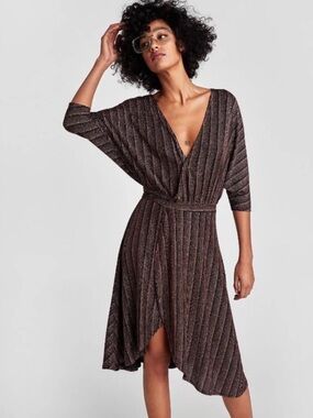 Zara V-Neck Metallic Stripe Wrap Dress - Brown Size M Dolman Sleeves